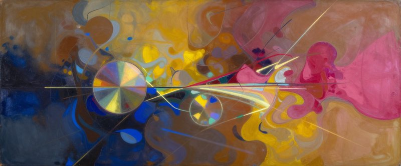 Horizontal abstract oil painting with prismatic color wheels, flowing organic shapes and intersec...
