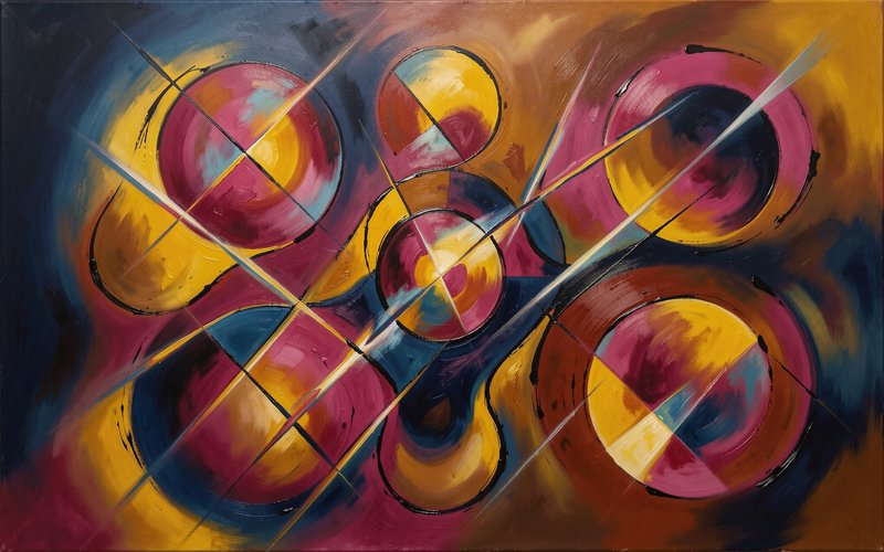 Vibrant abstract geometric oil painting with overlapping circular forms and intersecting diagonal...