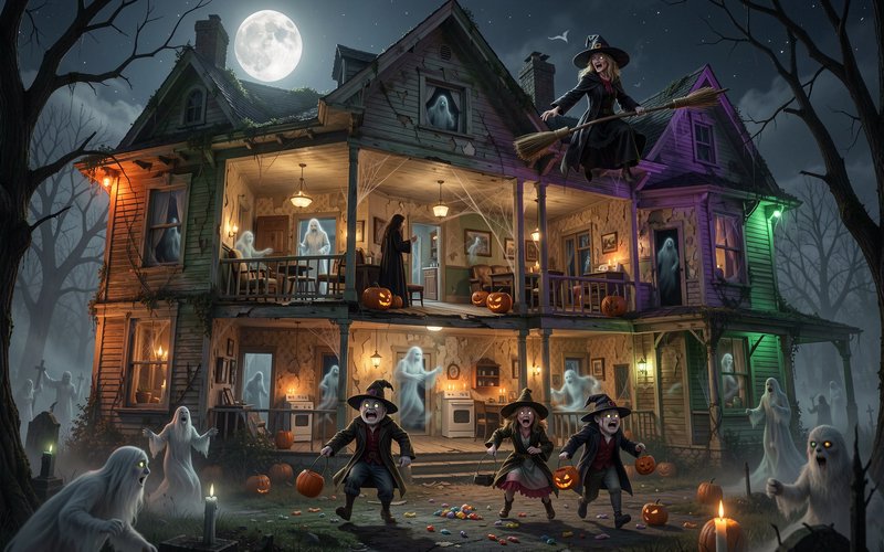 Spooky haunted Victorian Halloween house with ghosts, trick-or-treaters, and a flying witch under...