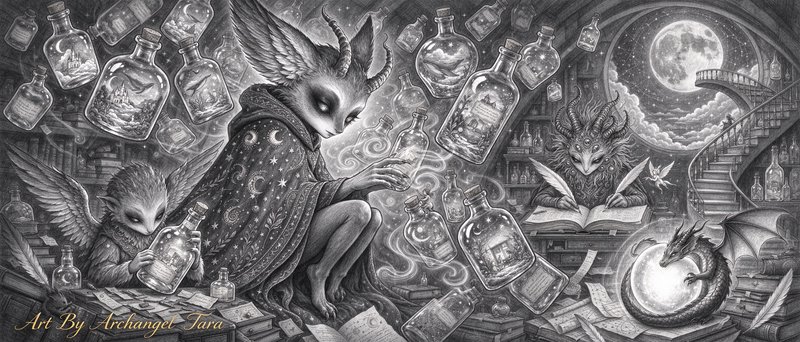 Winged horned faerie alchemists examine enchanted potion bottles inside a moonlit wizard tower wo...