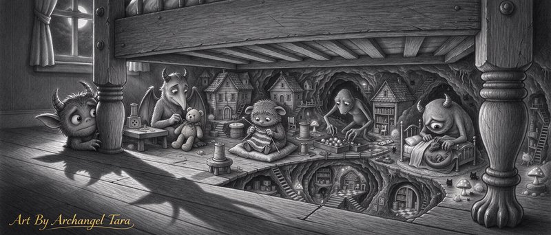Whimsical gentle monster community living in a tiny hidden village built beneath a child's bed