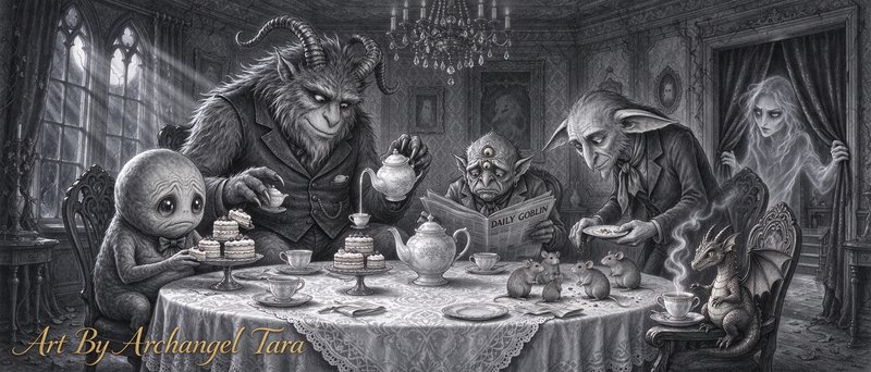 Whimsical gothic fantasy creatures attend a formal Victorian tea party in an ornate haunted manor