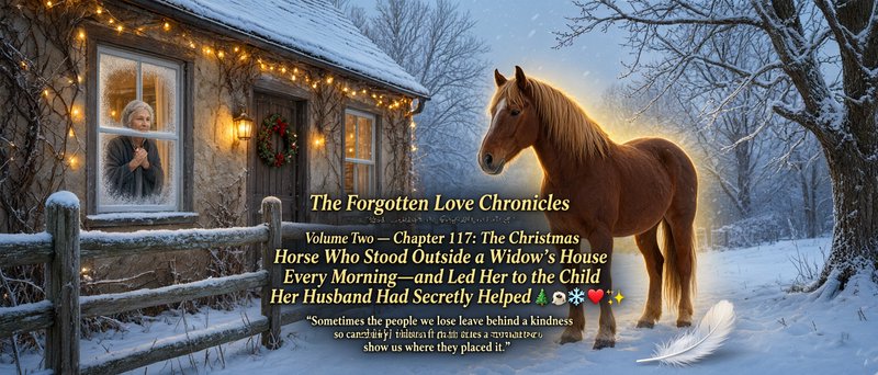 Glowing chestnut horse stands outside a snow-dusted Christmas cottage as an elderly widow watches...