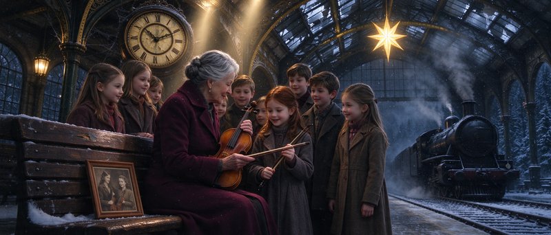 Elderly woman teaches a young girl to play violin as children gather around a snowy vintage train...