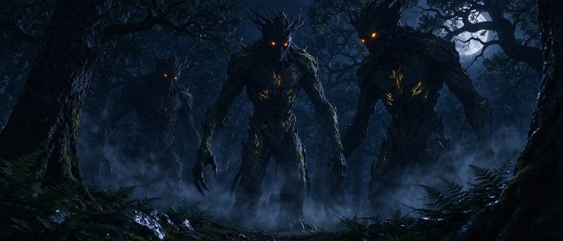 Three glowing-eyed treant guardians stand in a misty moonlit ancient forest at night