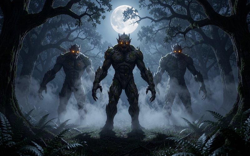 Three towering treant monsters with glowing orange eyes stand guard in a misty full moon ancient ...