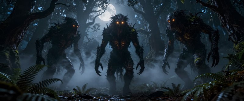 Three bark-covered forest monsters with glowing eyes stand in a misty moonlit old growth forest