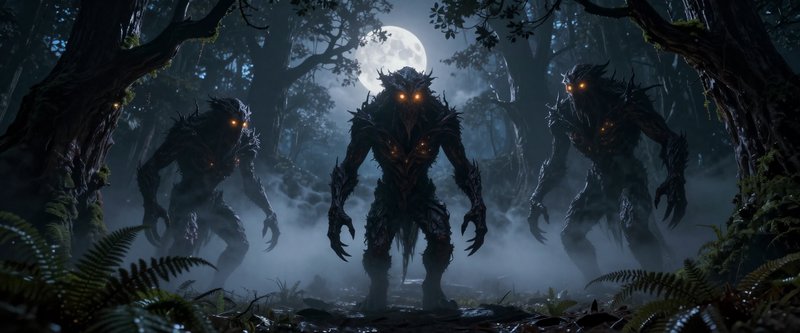 Three menacing glowing-eyed forest creatures stand in a misty woodland beneath a bright full moon