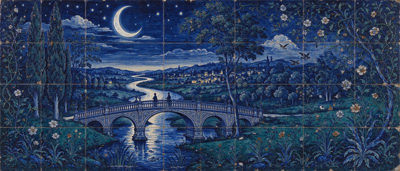 Vintage blue tile mural showing a crescent moon night landscape with a stone bridge over a windin...