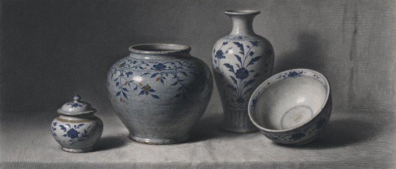 Classic still life of hand-painted blue and white ceramic vessels arranged on a neutral draped su...