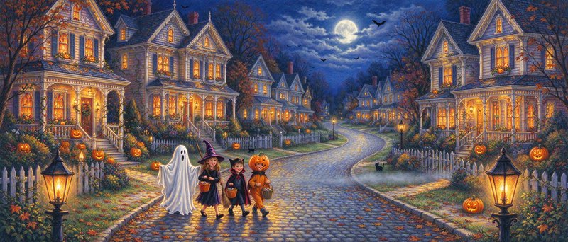 Costumed children trick-or-treat along a cobblestone Halloween neighborhood street under a full moon