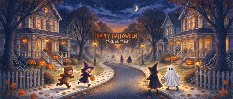 Costumed children trick or treat on a festively decorated suburban Halloween neighborhood at twil...