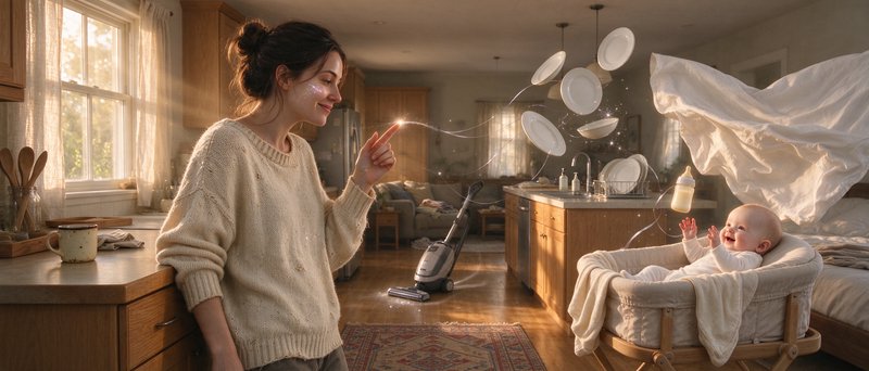 Smiling mother uses magic to do housework as her happy baby laughs in a sunlit kitchen