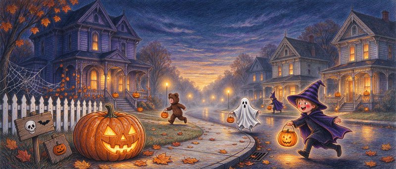 Costumed children trick-or-treat past glowing jack-o-lanterns on a cozy twilight Halloween reside...