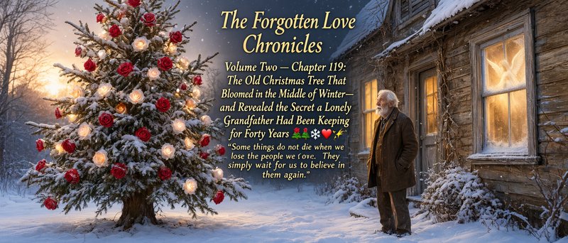 Elderly bearded man gazes at a snow-dusted rose-adorned Christmas tree beside a cozy snowy cottag...