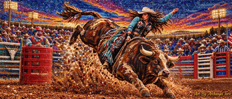 Intricate beaded mosaic of a female bull rider atop a bucking bull at a vibrant sunset rodeo