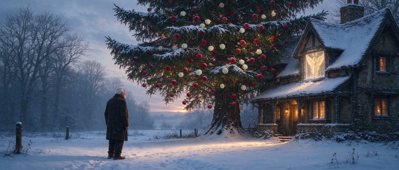 Elderly man stands in snow gazing at a large decorated Christmas tree beside a lit cozy cottage a...