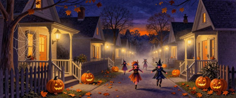 Costumed children trick-or-treat down a foggy suburban Halloween street lined with glowing jack-o...