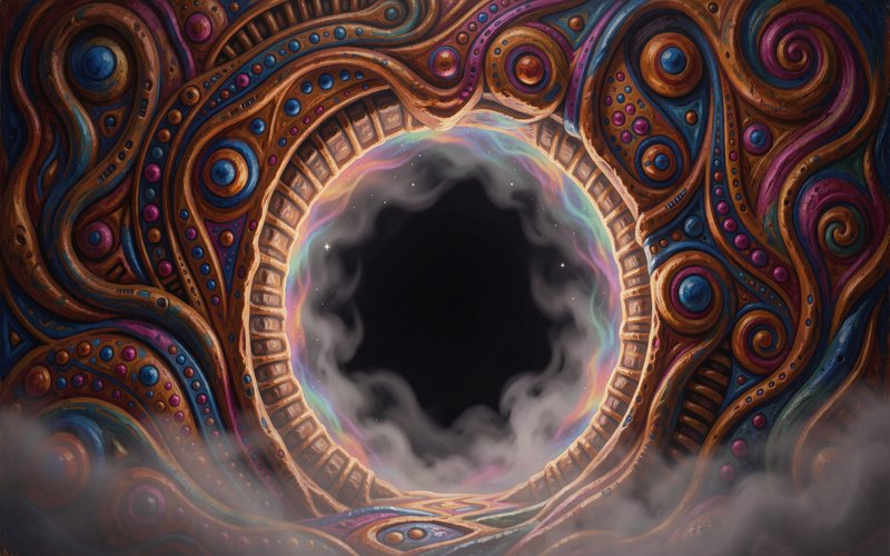 Intricate ornate fantasy portal framing a dark cosmic void wreathed in iridescent nebula mist