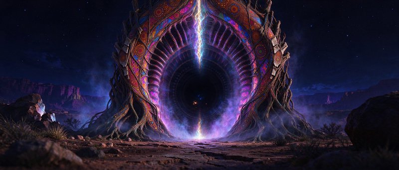 Ornate glowing interdimensional portal stands in a misty desert canyon under a starry night sky