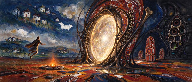Cloaked wanderer leaps toward a glowing cosmic portal, with a spectral white cow and hilltop vill...