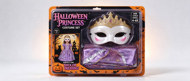 Packaged child Halloween princess costume set with mask and dress displayed in retail blister pac...