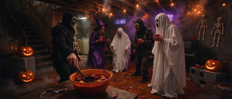 Group of costumed guests gather at a foggy basement Halloween party around a punch bowl