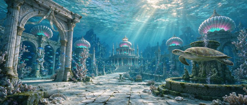 Sunlit underwater Atlantis ruins with marble architecture, glowing clams, and a swimming sea turtle