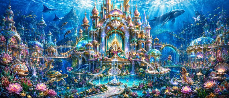 Elaborate glowing underwater Atlantis palace surrounded by coral, sea life, and mermaid royalty u...