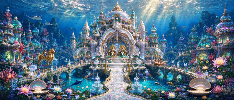 Grand iridescent underwater Atlantean mermaid palace lit by sunbeams amid vibrant coral gardens