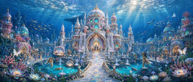 Grand ornate underwater mermaid palace bathed in sunbeams, surrounded by coral, sea life, and mer...