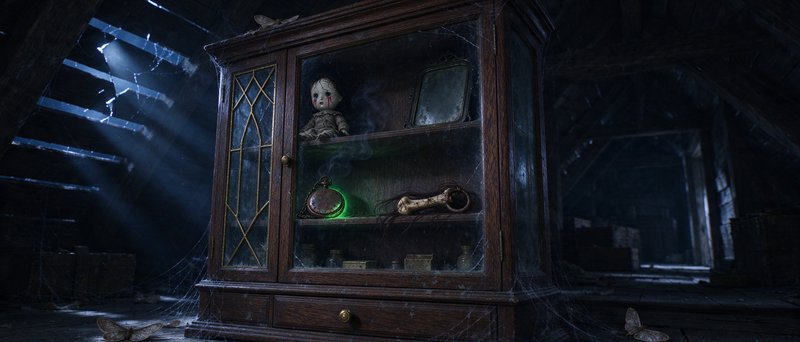 Unsettling crying porcelain doll sits inside a cobwebbed wooden curio cabinet in a dark abandoned...
