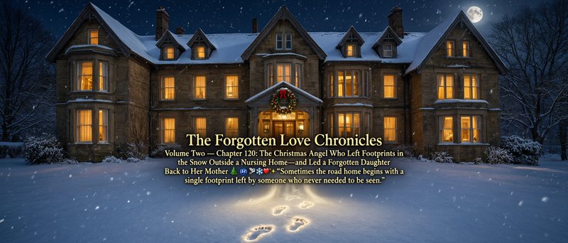 Snowy moonlit Christmas manor with glowing windows, luminous footprints in snow, and holiday stor...