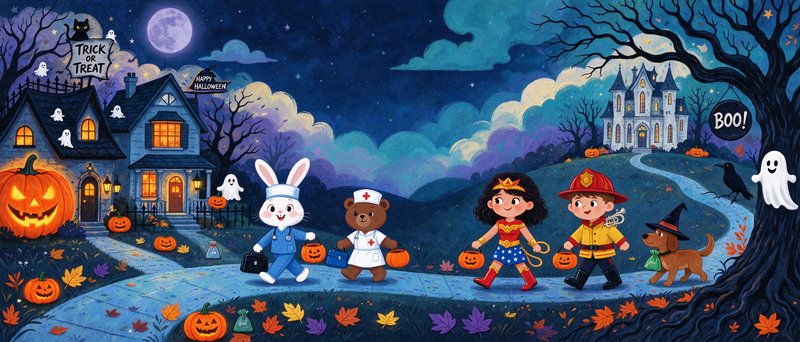 Costumed trick-or-treaters walk along a whimsical moonlit Halloween neighborhood path