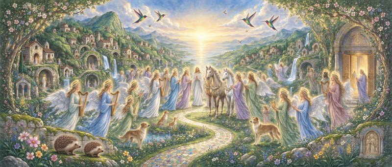 Sunlit heavenly paradise scene with Jesus, haloed winged angels, animals, and lush rolling mounta...