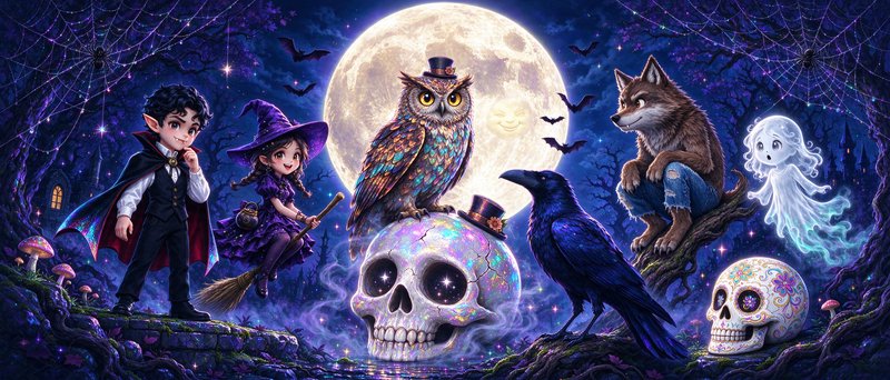 Cute chibi Halloween characters and fantasy creatures gather around glowing skulls under a giant ...