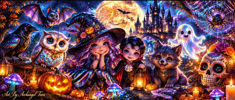 Cute chibi witch and vampire sit with friendly magical Halloween creatures beneath a glowing full...