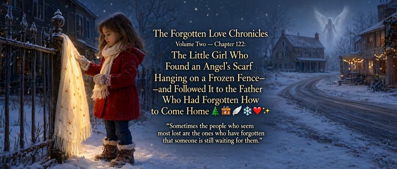 Young girl in a red winter coat touches a glowing star-patterned scarf hung on a snow-covered vil...