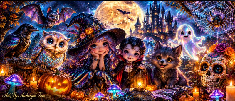 Cute chibi witch and vampire pose with friendly Halloween creatures under a full moon beside a go...