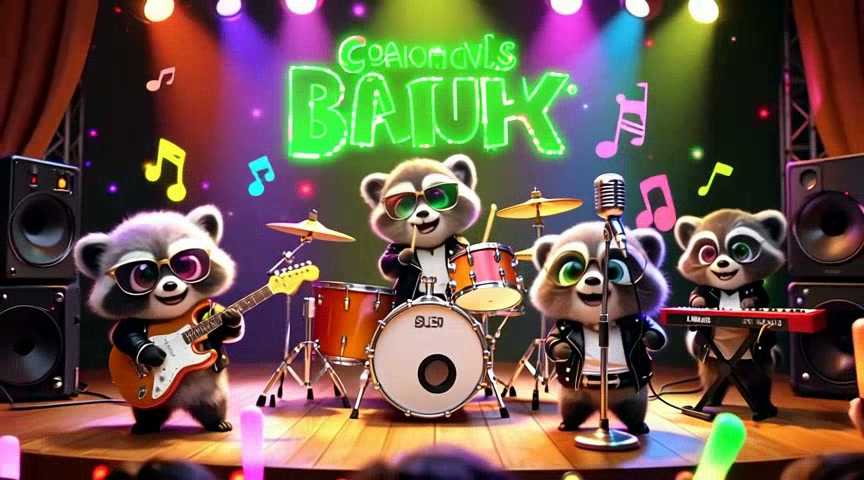 Cute panda band performing on a colorful stage with neon lights and musical instruments.