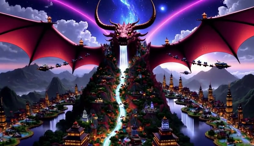 Epic fantasy dragon with massive wings atop a cascading mountain city.