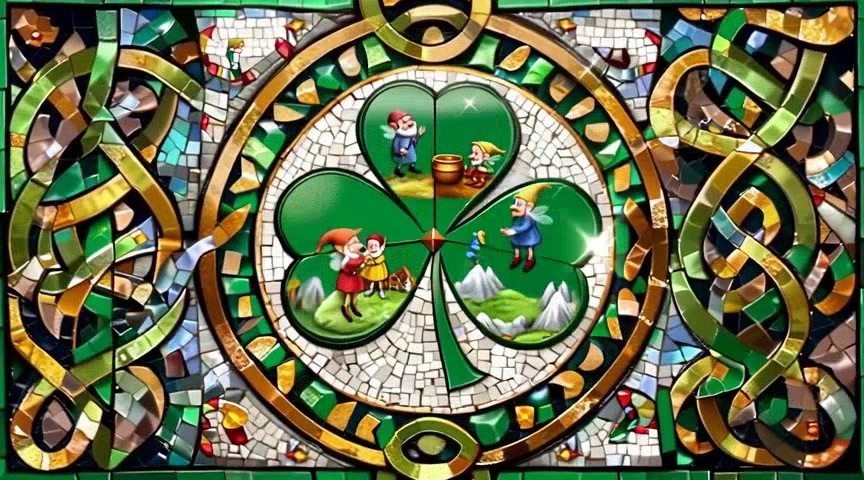 Colorful stained-glass mosaic featuring a central four-leaf clover with gnomes and mountains.