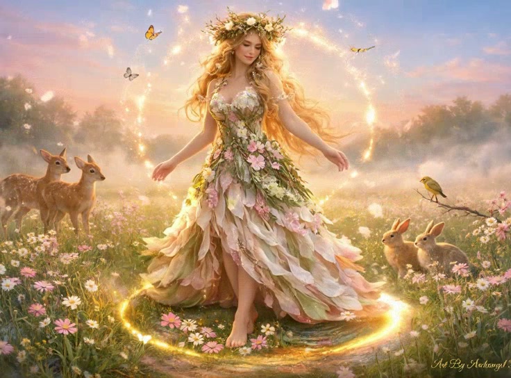 Ethereal fairy-like woman in a pastel floral gown standing in a glowing ring of light in a spring...