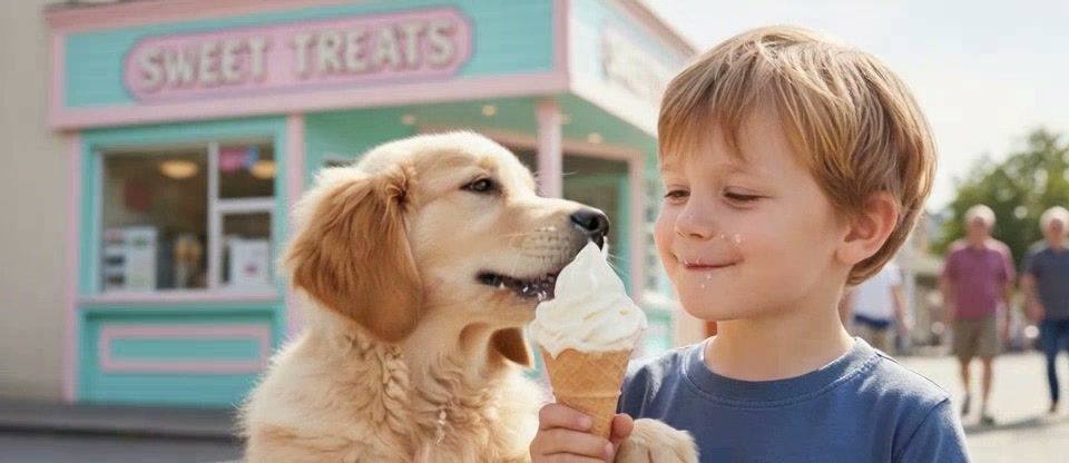 Young boy sharing ice cream with a golden retriever outside a pastel sweet shop.