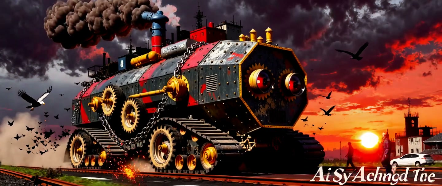 A large, steampunk armored tank with gears and chains under a dramatic sunset, smoke, and flying ...