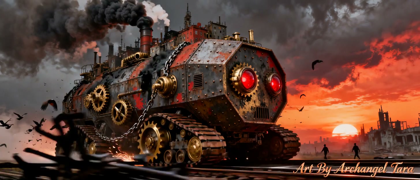 A colossal rusted steampunk tank with red glowing eyes on a ruined battlefield at sunset.