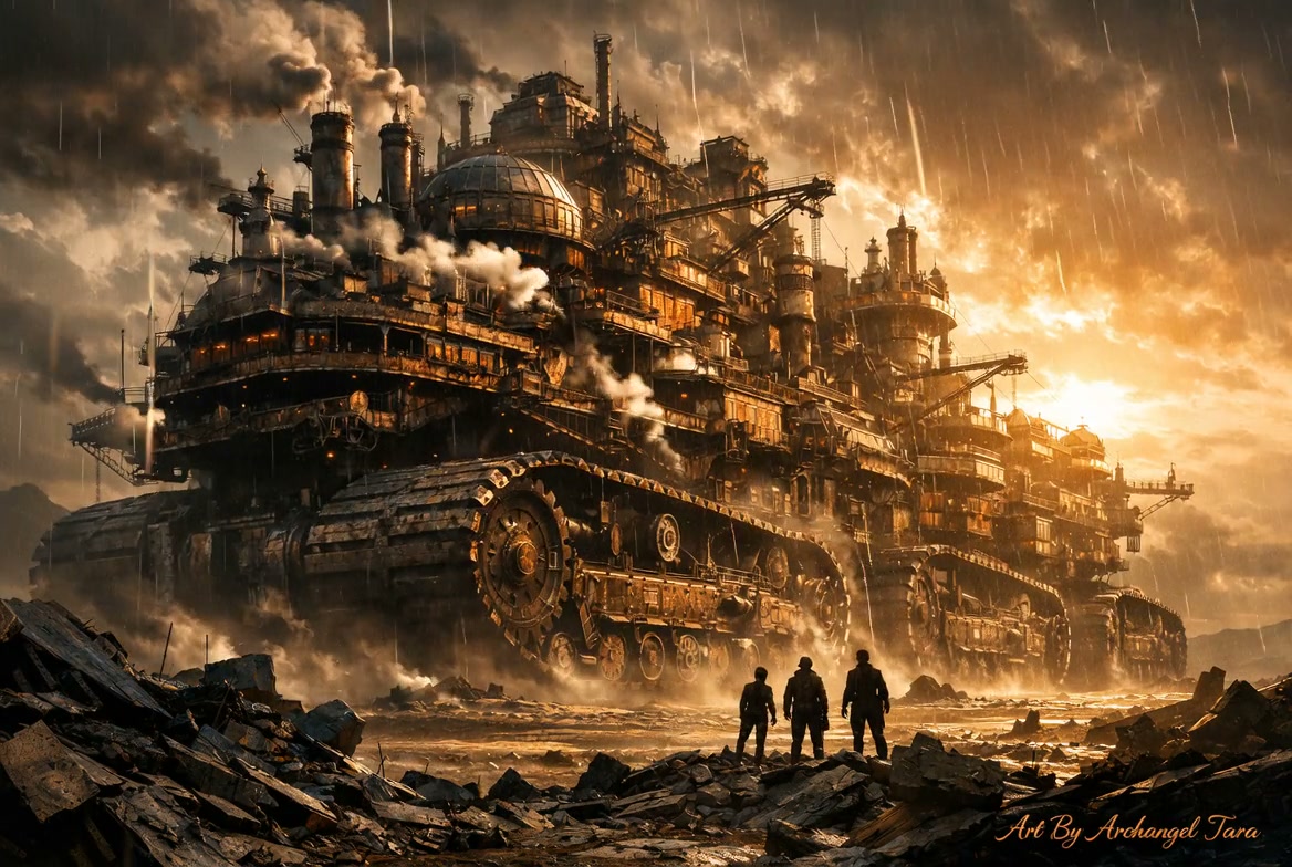 Gigantic steampunk warship fortress on tank-like tracks amid rain and smoke.
