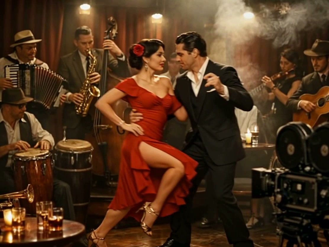 A couple tango dancing in a vintage club with a live band and smoky ambiance.