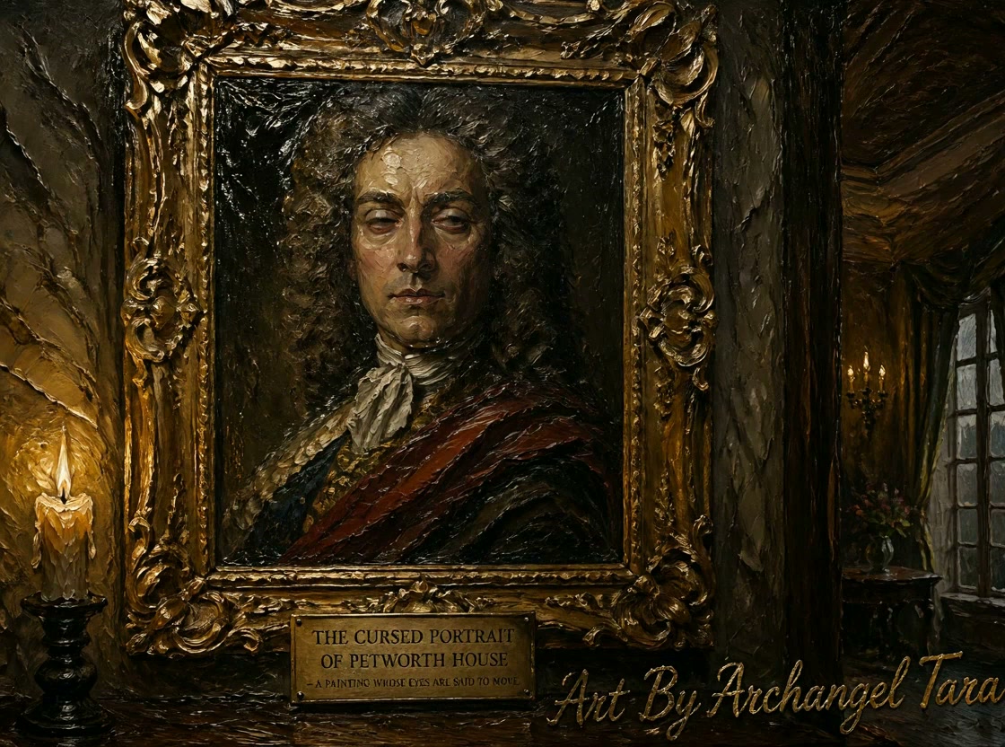 Ornate framed oil portrait in a dim candlelit room, titled “The Cursed Portrait of Petworth House.”