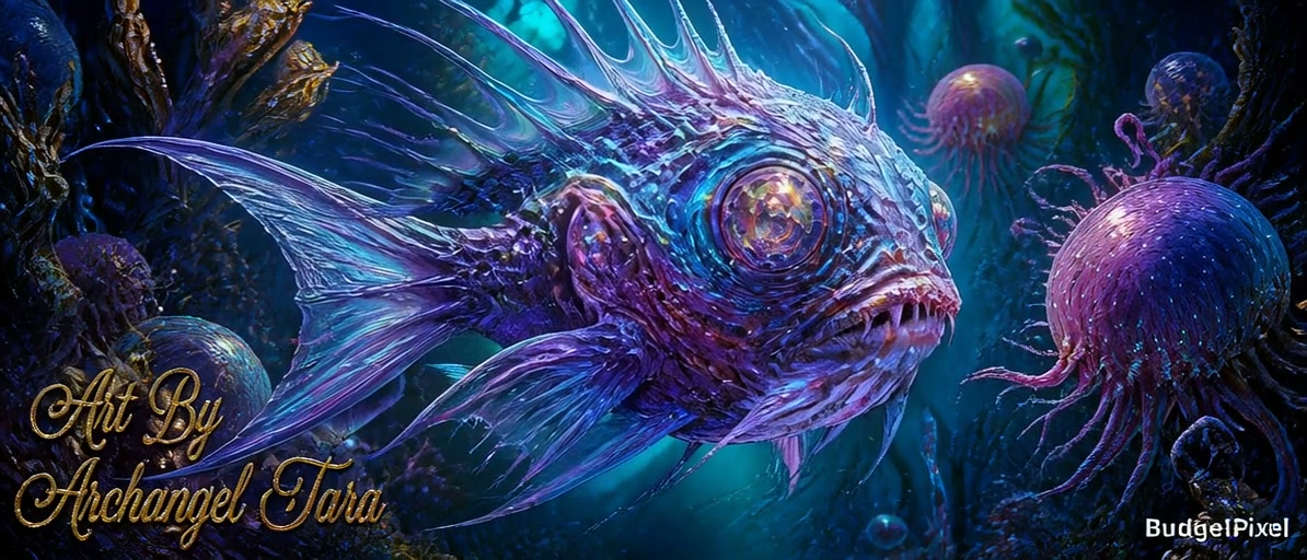 Vibrant neon deep-sea fantasy fish with bioluminescent fins amid jellyfish in an underwater scene.